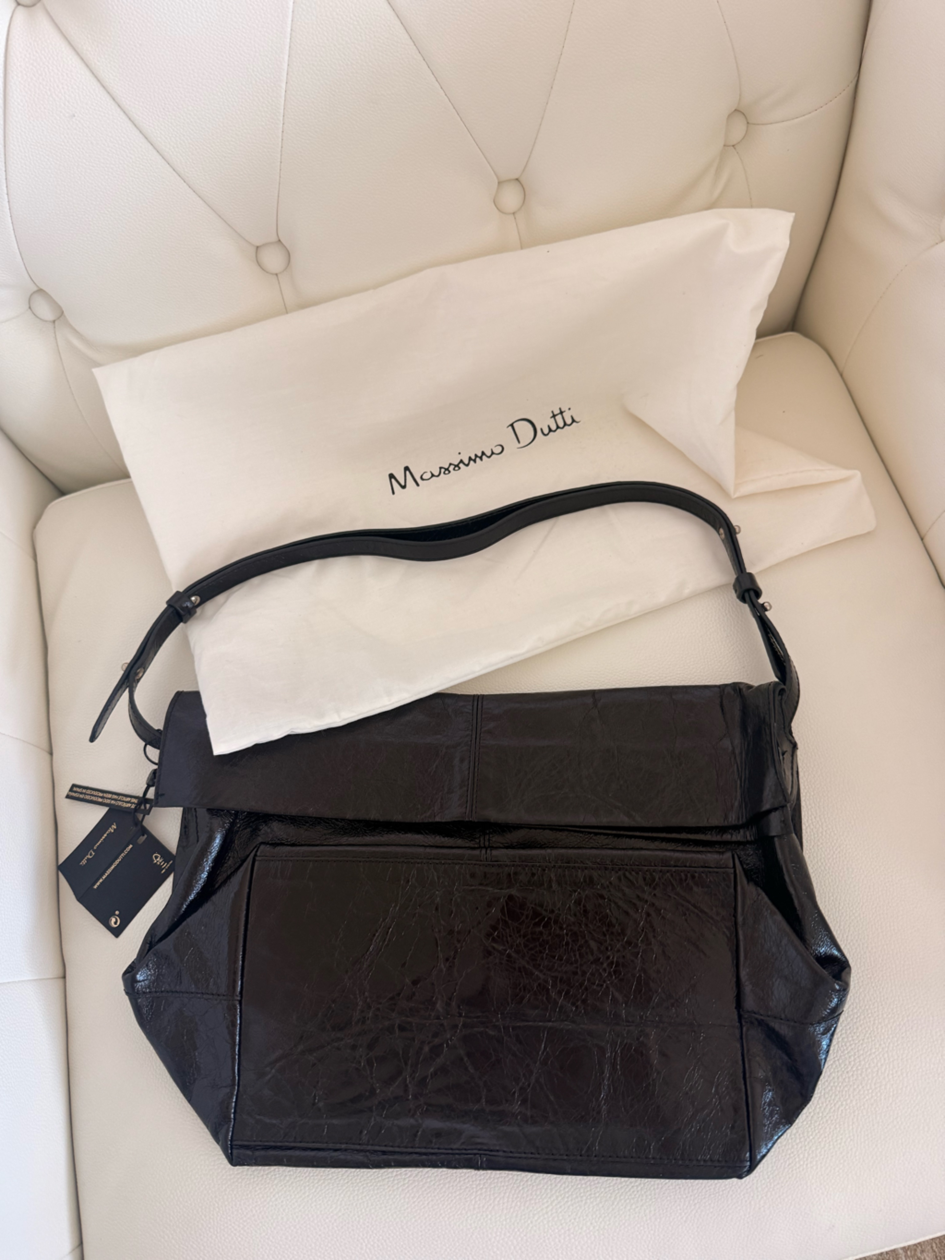 Massimo Dutti Black Textured Genuine Leather Bag